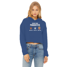 Load image into Gallery viewer, Trump Parasite Ladies Cropped Raw Edge Hoodie