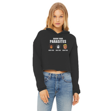 Load image into Gallery viewer, Trump Parasite Ladies Cropped Raw Edge Hoodie