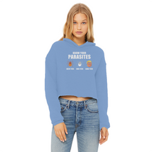 Load image into Gallery viewer, Trump Parasite Ladies Cropped Raw Edge Hoodie