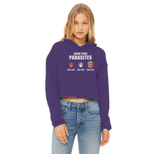 Load image into Gallery viewer, Trump Parasite Ladies Cropped Raw Edge Hoodie