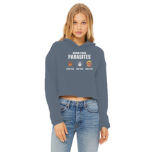 Load image into Gallery viewer, Trump Parasite Ladies Cropped Raw Edge Hoodie