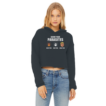 Load image into Gallery viewer, Trump Parasite Ladies Cropped Raw Edge Hoodie
