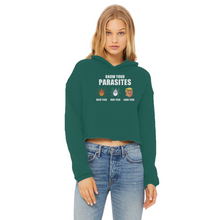 Load image into Gallery viewer, Trump Parasite Ladies Cropped Raw Edge Hoodie