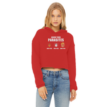 Load image into Gallery viewer, Trump Parasite Ladies Cropped Raw Edge Hoodie