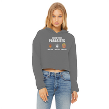 Load image into Gallery viewer, Trump Parasite Ladies Cropped Raw Edge Hoodie